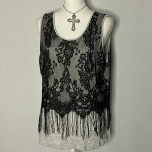a.n.a Black Lace Fringe Tank Top XL Sheer Overlay Boho Gothic Layered Top